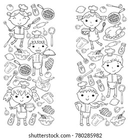 Cute Kids Chef On White Background Children Cooking Kitchen Children Cooking Lesson Coloring Page