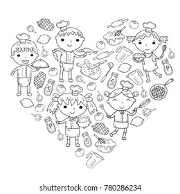 Cute Kids Chef on white background Children cooking Kitchen children Cooking lesson Coloring page