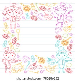 Cute Kids Chef on white background Children cooking Kitchen children Cooking lessons