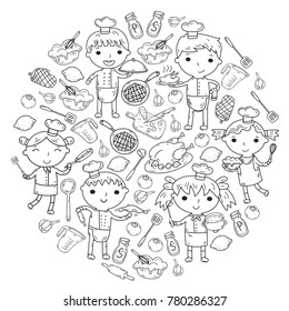 Cute Kids Chef on white background Children cooking Kitchen children Cooking lesson Coloring page