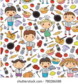 Cute Kids Chef on white background Children cooking Kitchen children Cooking lessons Seamless pattern