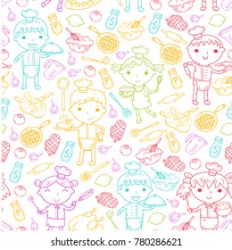 Cute Kids Chef on white background Children cooking Kitchen children Cooking lessons Seamless pattern