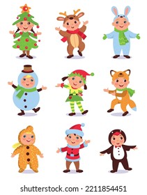 Cute kids in Christmas costumes. Funny children with holiday clothes. New Year characters. Xmas celebration. Babies festive outfits. Santa elf and animal clothing