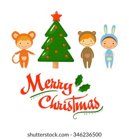 Cute kids and Christmas elements vector illustration