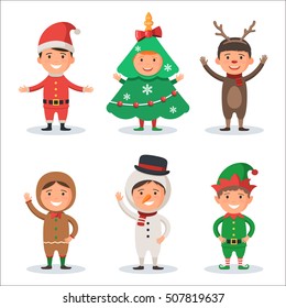 Cute kids in Christmas holiday costumes: Santa Claus, Tree, Snowman, Reindeer, Gingerbread man, Elf. New year's carnival. Vector illustration of a character isolated on white background