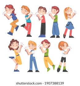 Cute Kids Clapping their Hands Set, Happy Children Applauding Expressing Enjoyment, Appreciation, Delight Cartoon Style Vector Illustration