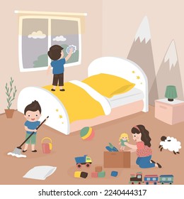 Cute kids are cleaning apartment. Children help parents with housework. Interior of kids room. Funny boys and girl put toys in box, washes window and floor. Family teamwork. Flat vector illustration