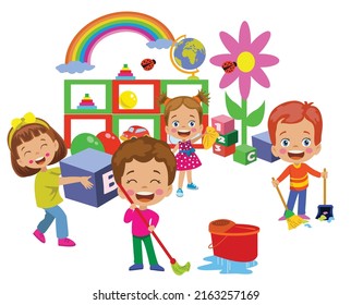 Cute Kids Cleaning Classroom At School