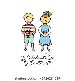 Cute kids clipart for Easter. Easter card vector card. Little boy and girl celebrate Easter