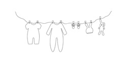 Cute Kids Clothing Hanging On A Rope Drawn In One Line. Sketch. Continuous Line Drawing Baby Things. Hand Drawn Vector Illustration In Minimalist Style.