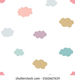 Cute kids clouds vector seamless pattern in pink, grey, green, mint, yellow, 