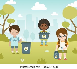 Cute kids collect plastic garbage in city park. Volunteer children clean up forest from disposable waste.