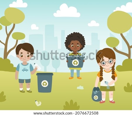 Cute kids collect plastic garbage in city park. Volunteer children clean up forest from disposable waste.