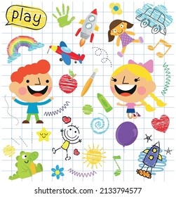 Cute kids and colorful drawings on kindergarten