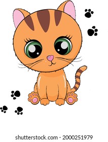 Cute kids colorful vector illustration of kitten. Ideal for stickers, print, graphic design, scrap booking.