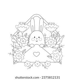 Cute kids coloring book with bunny peeking out of envelope. Funny simple black and white illustration with  animal and flowers.