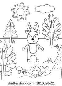 Cute kids coloring book with a deer in the forest. Simple black outline of a wild animal, vector illustration.