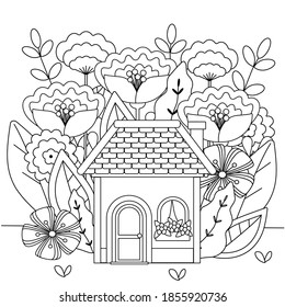 Cute kids coloring book with house and big flowers. Black outline of a simple drawing on a white background.