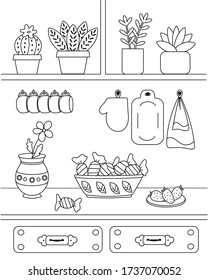 Cute kids coloring book with simple potted flowers, candy, strawberries. Vertical page with an image of a kitchen Cabinet. Vector illustration.