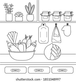 Cute kids coloring book with vegetables, flowers, jars in the kitchen. Black outline, sketch of simple objects on a white background.