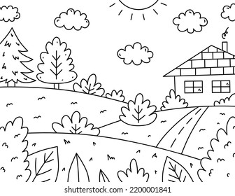 Cuidada página de coloreo para niños. Paisaje con casa, árboles, arbustos, campo y carretera. Ilustración de vectores dibujada a mano en estilo doodle. Libro de dibujos animados para niños.