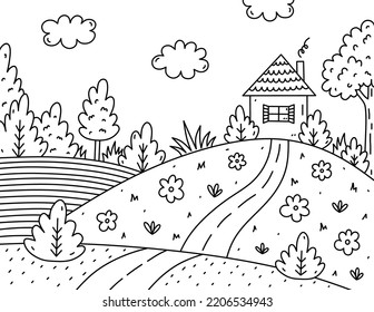 Cuidada página de coloreo para niños. Paisaje con nubes, casa, árboles, arbustos, flores, campo y carretera. Ilustración de vectores dibujada a mano en estilo doodle. Libro de dibujos animados para niños.