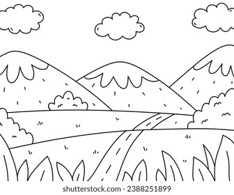 Cute kids coloring page. Landscape with mountains, clouds, field, bushes and road. Vector hand-drawn illustration in doodle style. Cartoon coloring book for children.