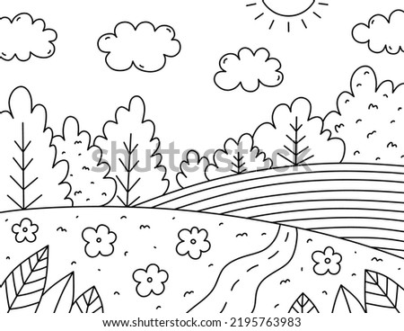 Cute kids coloring page. Landscape with clouds, trees, bushes, flowers, field and road. Vector hand-drawn illustration in doodle style. Cartoon coloring book for children. Stock foto © 