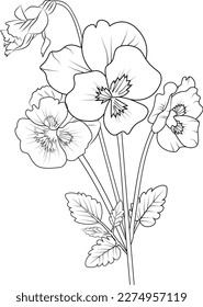 Cute kids coloring pages, easy pansy flower drawing, pansy flower black and white illustration, pansy flower outline, pansy flower vector art, Black and white outline, illustration ink art.
