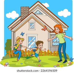 cute kids coming home from school running and hugging their mom cartoon vector illustration