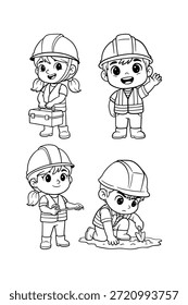 Conjuntos de arte de linha de trabalhador de construção infantil bonito, Construtor de desenhos animados Caracteres Contorno para crianças colorir Página