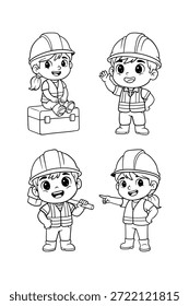 Conjuntos de arte de linha de trabalhador de construção infantil bonito, Construtor de desenhos animados Caracteres Contorno para crianças colorir Página