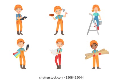 Cute Kids Construction Workers Set, Boys and Girls Builders Characters with Professional Tools Vector Illustration