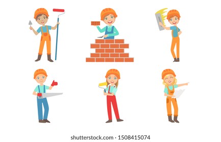 Cute Kids Construction Workers Set, Boys and Girls Builders Characters in Workwear Overalls and Hard Hats with Professional Tools Vector Illustration