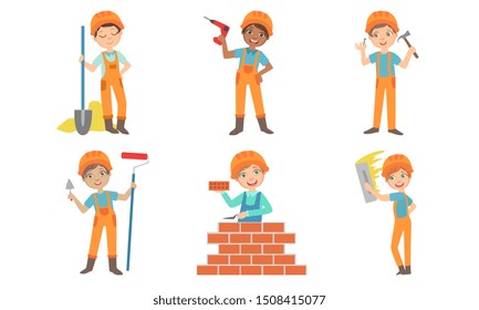 Cute Kids Construction Workers Set, Boys and Girls Builders Characters in Uniform and Hard Hats with Professional Tools Vector Illustration