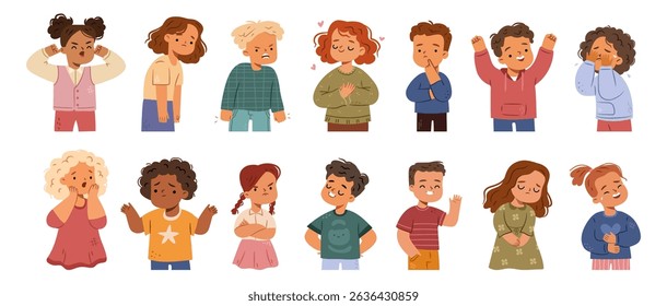 Cute kids conveying feelings with gesture, poses and mimic. Vector cartoon characters expressing positive and negative emotion. Proud and angry, offended or crying, confused or annoyed, bored or happy