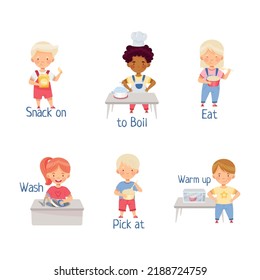 Cute kids cooking in kitchen demonstrating action verbs. Little children boiling, eating, washing vector illustration