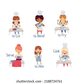 Cute kids cooking in kitchen demonstrating action verbs. Little children cutting, blending, frying, serving and peeling vector illustration