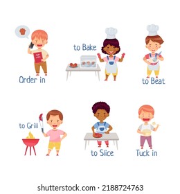 Cute kids cooking in kitchen demonstrating action verbs. Little children baking, beating, grilling, slicing vector illustration