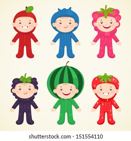 Cute kids in costumes berries: cranberry, blueberry, raspberry, blackBerry, watermelon, strawberry