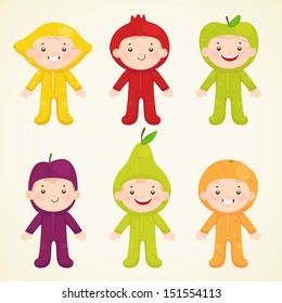 Cute kids in costumes fruit: lemon, pomegranate, apple, plum, pear, orange