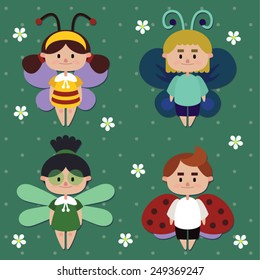 cute kids in costumes of insects - bee butterfly dragonfly ladybug