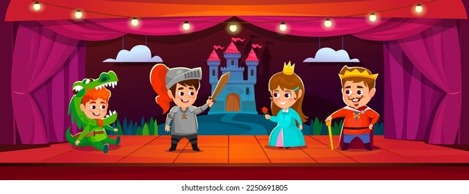 Cute kids in costumes of a king, knight, dragon, and princess on a stage of a theater. Children's show on a scene with a castle background. School play. Cartoon-style vector illustration.