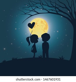 Cute kids couple romantic silhouette with full moon in the night cartoon vector illustration