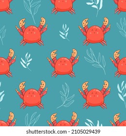 Cute kids crab pattern. Colorful crab on the abstract bright pattern create a fun cartoon drawing. crab pattern for textile. hand drawing