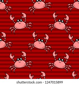 Cute kids crab pattern for girls and boys. Colorful crab on the abstract bright pattern create a fun cartoon drawing. The background is made in colors. Urban crab pattern for textile