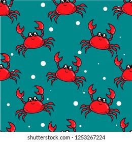 Cute kids crab pattern for girls and boys. Colorful crab on the abstract bright pattern create a fun cartoon drawing. The background is made in colors. Urban crab pattern for textile