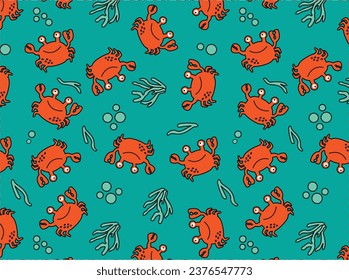 Cute kids crab pattern for girls and boys. Colorful crab on the cute bright pattern create a fun cartoon drawing. The background is made in colors. Funny crab pattern for textile