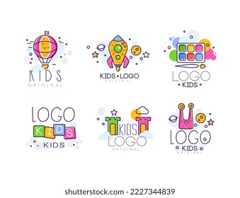 Cute kids creative logo design set. Art class, creative studio, kids center hand drawn vector Illustration isolated on white vector illustration