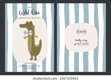 Cute kids crocodile animal. Baby invitation card for birthday party. Funny alligator flat illustration. Vector baby invite design.
